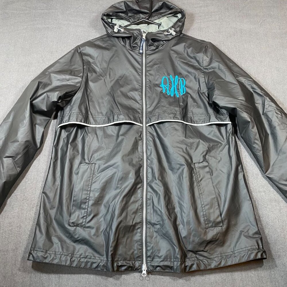 Charles River Black Monogrammed Rain Jacket W/ Hood & Pockets Womens Size XL